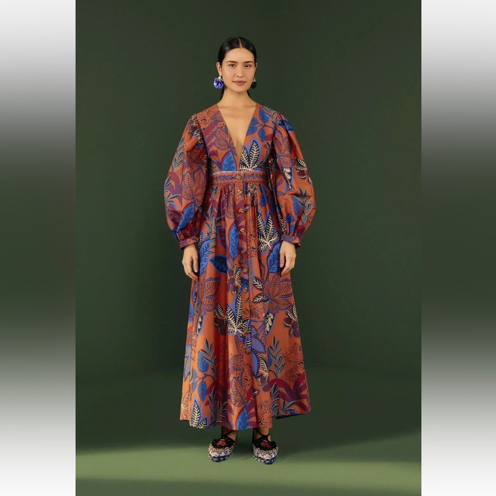 FARM Rio Wild Jungle Brown Floral Maxi Dress Sz. L NWT